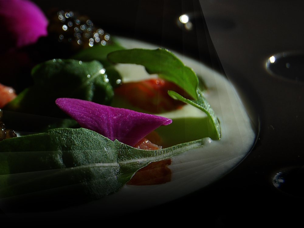 Une assiette de légumes et de fleurs sur fond sombre